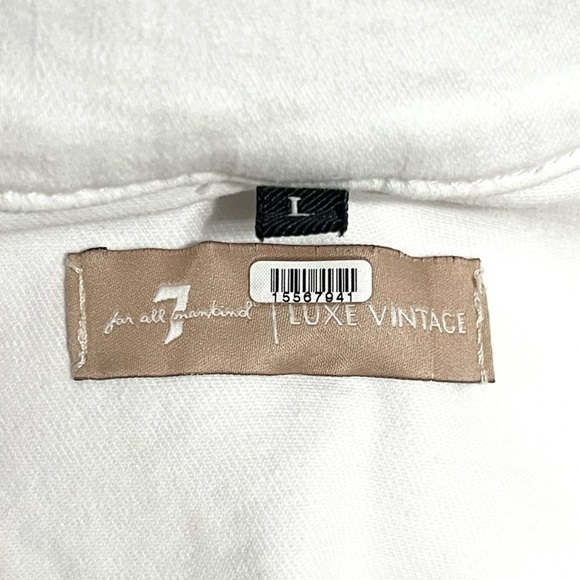 7 FOR ALL MANKIND 90s Luxe Ivory Stretch Denim Cropped Jean Trucker Jacket L - Picture 13 of 15